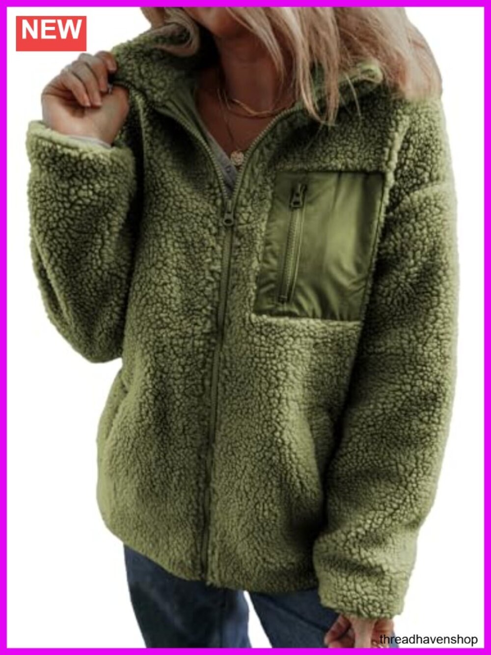 Fleece Teddy Jacket Long Sleeve Full Zip Turn Down Collar Side Pockets Casual